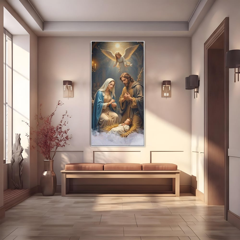 Tablou canvas cu tablou canvas cu sfanta familie si inger, in rama de aluminiu argintiu