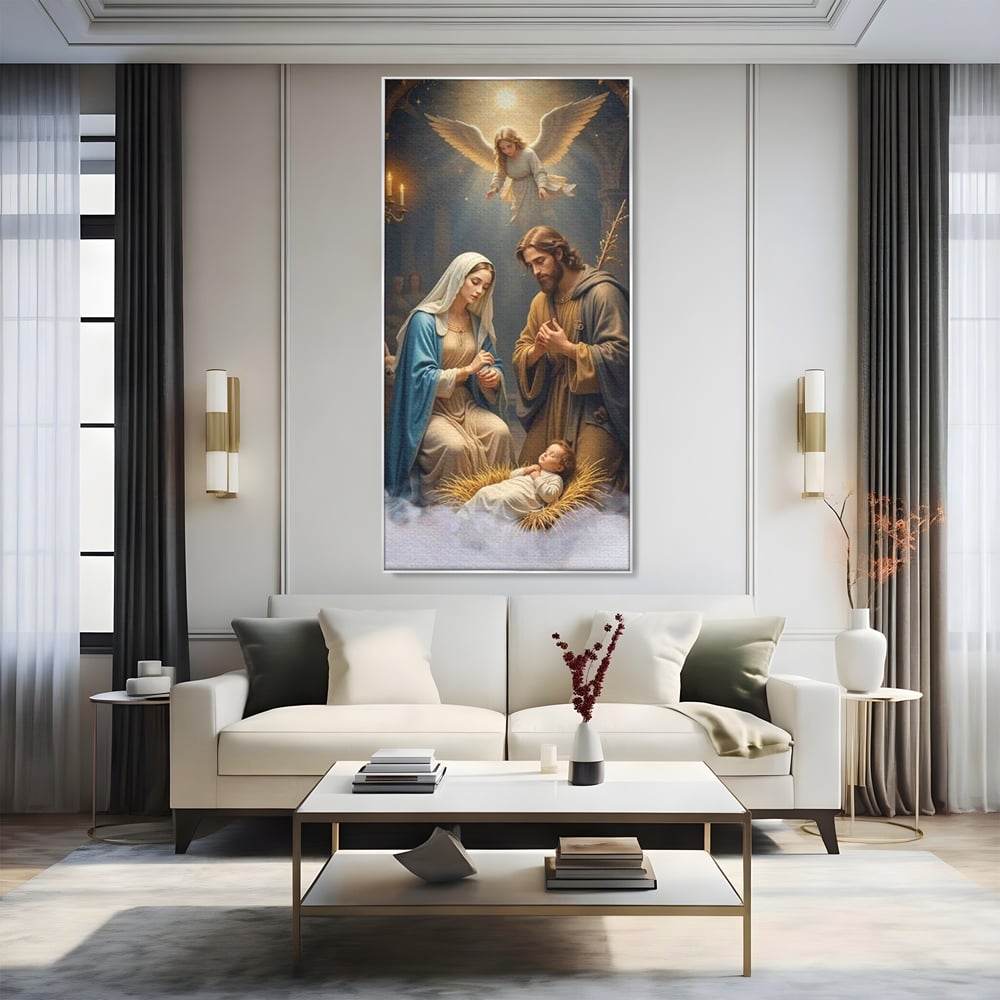 Tablou canvas cu tablou canvas cu sfanta familie si inger, in rama de aluminiu argintiu, pe perete intr-un living