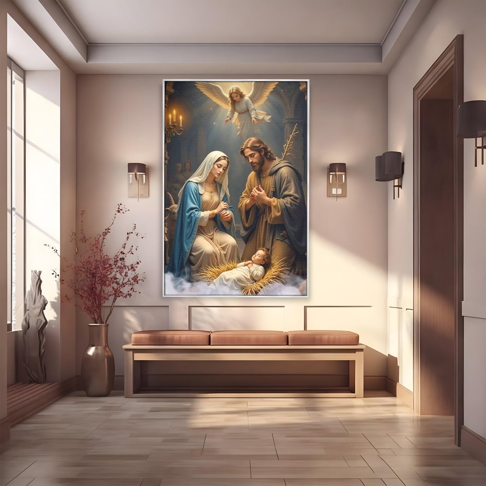 Tablou canvas cu tablou canvas cu sfanta familie si inger, in rama de aluminiu argintiu