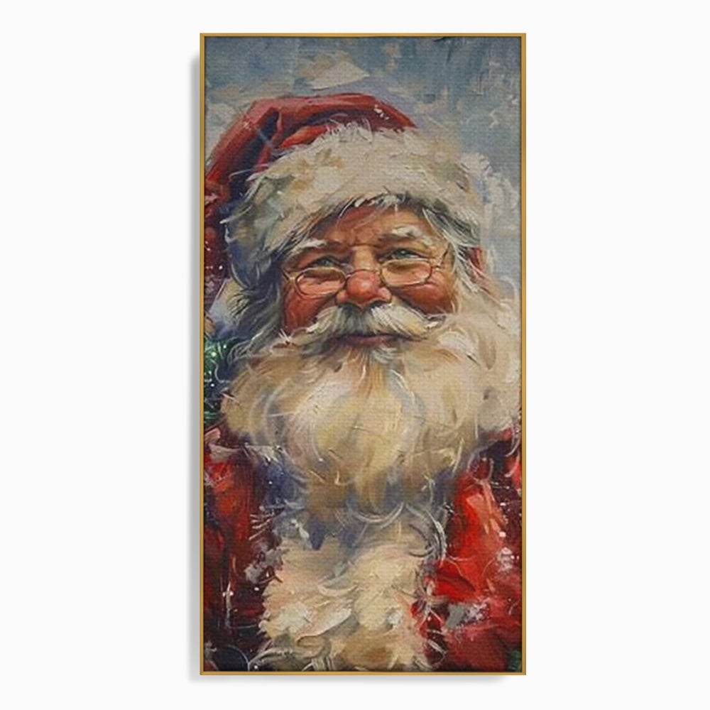 Tablou canvas cu pictura portret mos craciun cu ochelari, in rama de aluminiu auriu