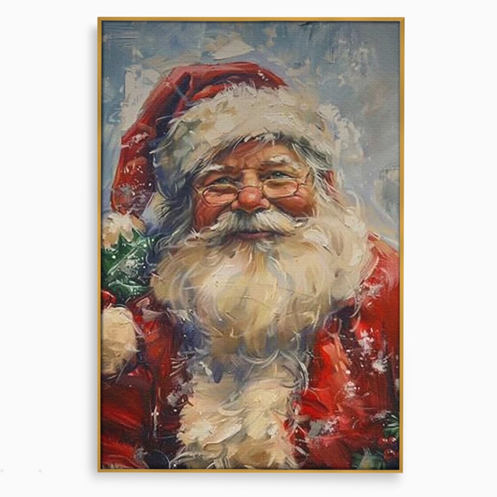 Tablou canvas cu pictura portret mos craciun cu ochelari, in rama de aluminiu auriu