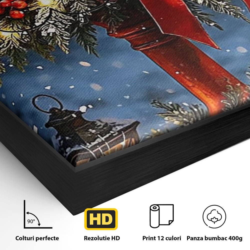 Detaliu al suprafetei: tablou canvas cu cutie postala rosie pentru mos craciun, in rama de aluminiu negru