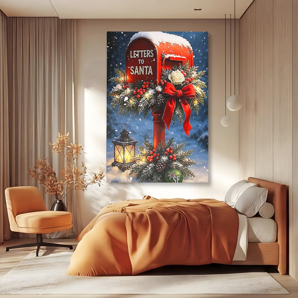 Tablou canvas cu tablou canvas cu cutie postala rosie pentru mos craciun, fara rama, pe sasiu de lemn, pe perete intr-un dormitor