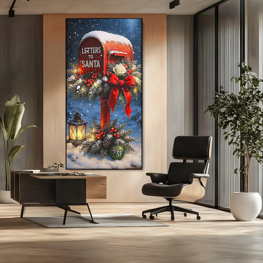 Tablou canvas cu tablou canvas cu cutie postala rosie pentru mos craciun, in rama de aluminiu negru, pe perete intr-un birou