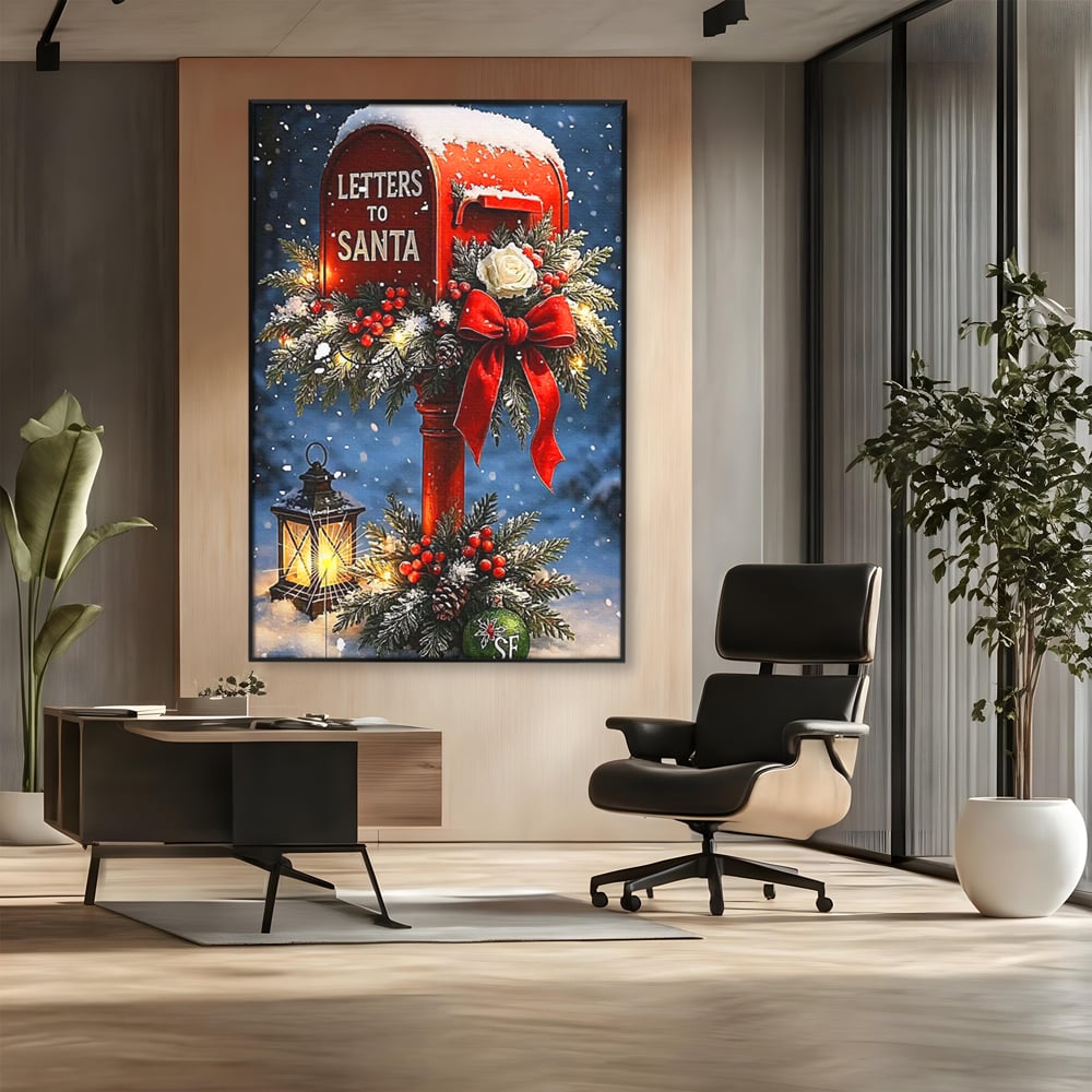 Tablou canvas cu tablou canvas cu cutie postala rosie pentru mos craciun, in rama de aluminiu negru, pe perete intr-un birou