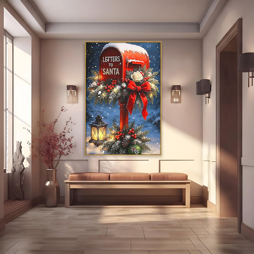 Tablou canvas cu tablou canvas cu cutie postala rosie pentru mos craciun, in rama de aluminiu auriu