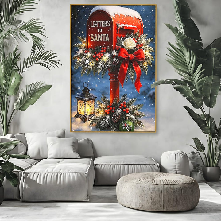 Tablou canvas cu tablou canvas cu cutie postala rosie pentru mos craciun, in rama de aluminiu auriu, pe perete intr-un living