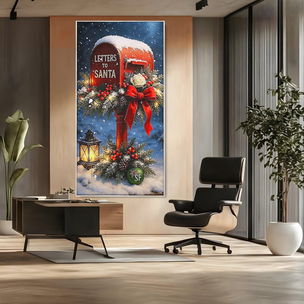 Tablou canvas cu tablou canvas cu cutie postala rosie pentru mos craciun, in rama de aluminiu argintiu, pe perete intr-un birou