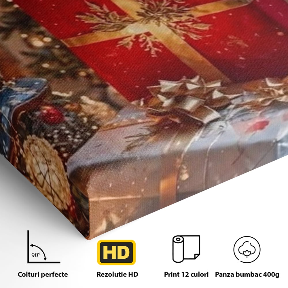 Detaliu al suprafetei: tablou canvas cu cadouri sub brad, fara rama, pe sasiu de lemn