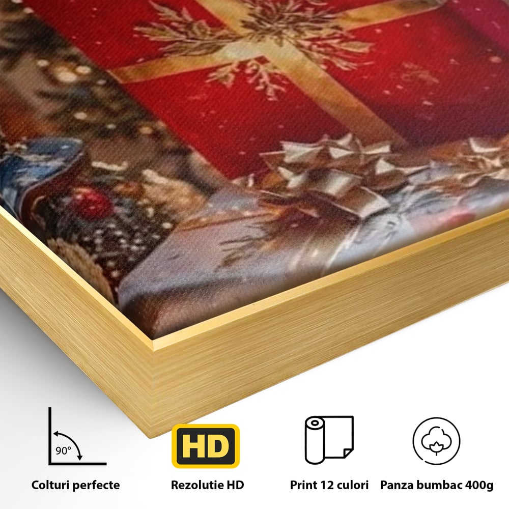 Detaliu al suprafetei: tablou canvas cu cadouri sub brad, in rama de aluminiu auriu