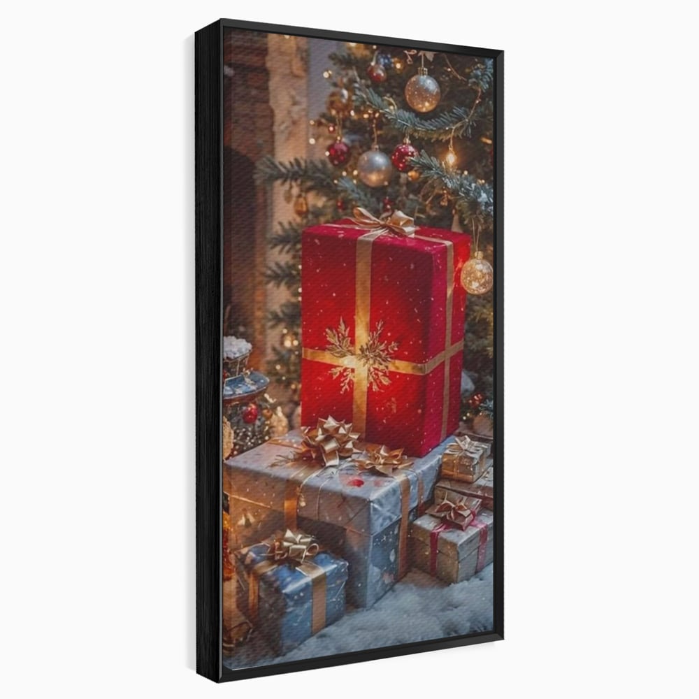 Tablou canvas cu tablou canvas cu cadouri sub brad, in rama de aluminiu negru