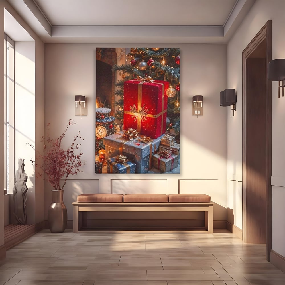 Tablou canvas cu tablou canvas cu cadouri sub brad, fara rama, pe sasiu de lemn