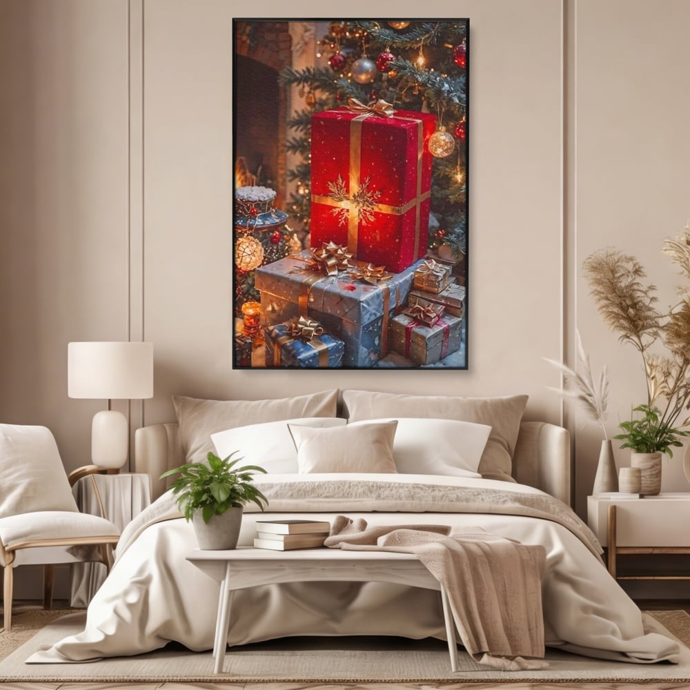 Tablou canvas cu tablou canvas cu cadouri sub brad, in rama de aluminiu negru, pe perete intr-un dormitor