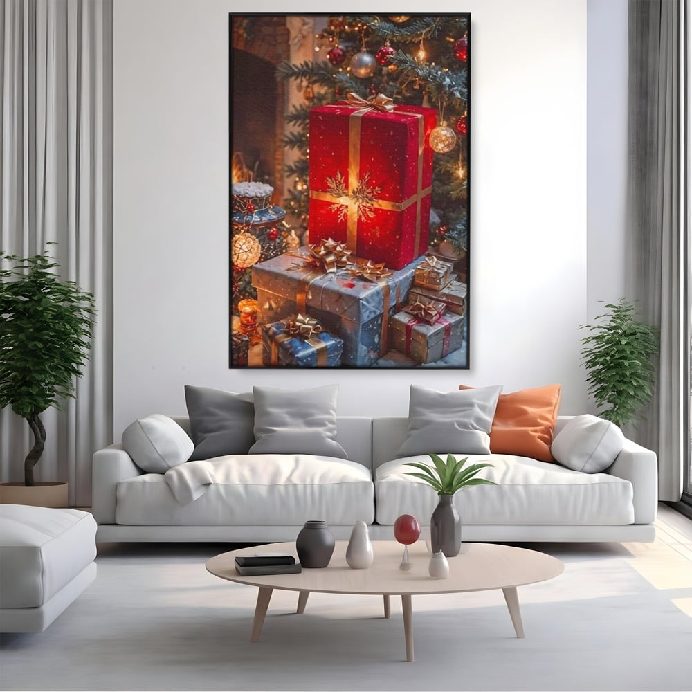 Tablou canvas cu tablou canvas cu cadouri sub brad, in rama de aluminiu negru, pe perete intr-un living