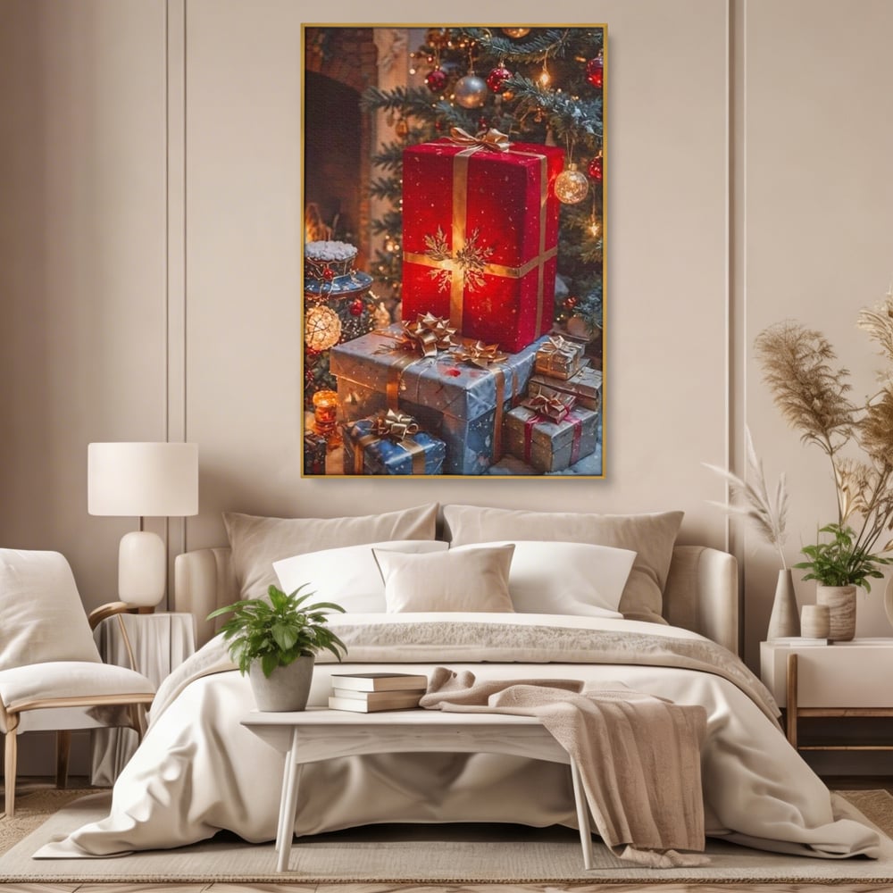 Tablou canvas cu tablou canvas cu cadouri sub brad, in rama de aluminiu auriu, pe perete intr-un dormitor