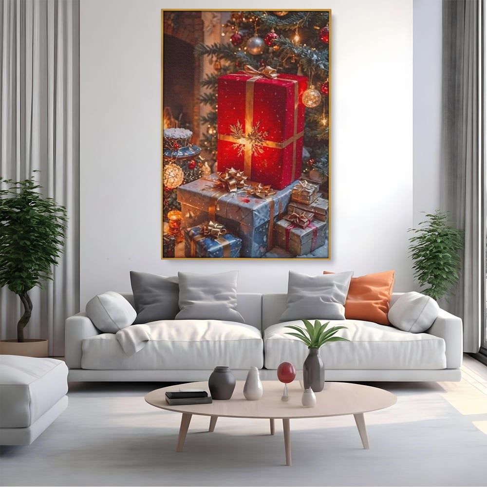 Tablou canvas cu tablou canvas cu cadouri sub brad, in rama de aluminiu auriu, pe perete intr-un living