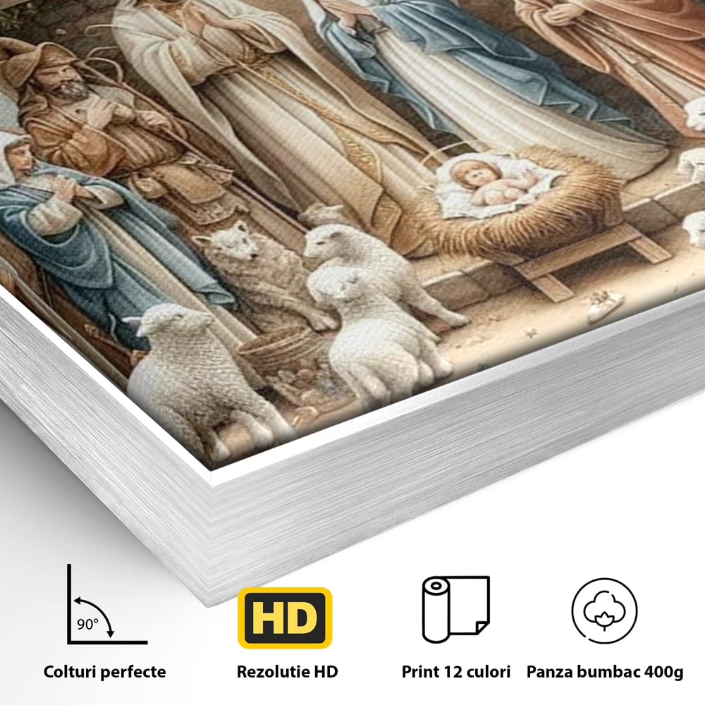 Detaliu al suprafetei: ilustratie religioasa cu scena nasterii domnului, in rama de aluminiu argintiu