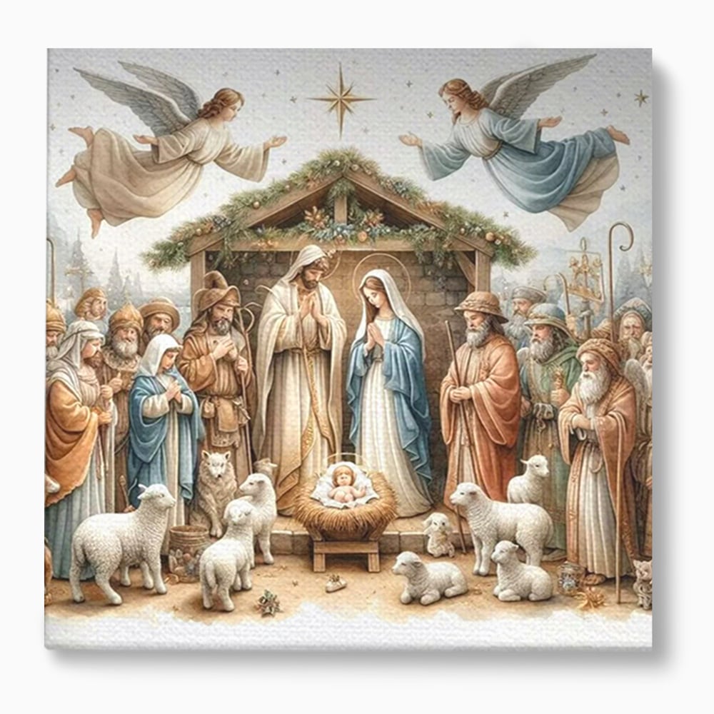Tablou canvas cu ilustratie religioasa cu scena nasterii domnului, fara rama, pe sasiu de lemn
