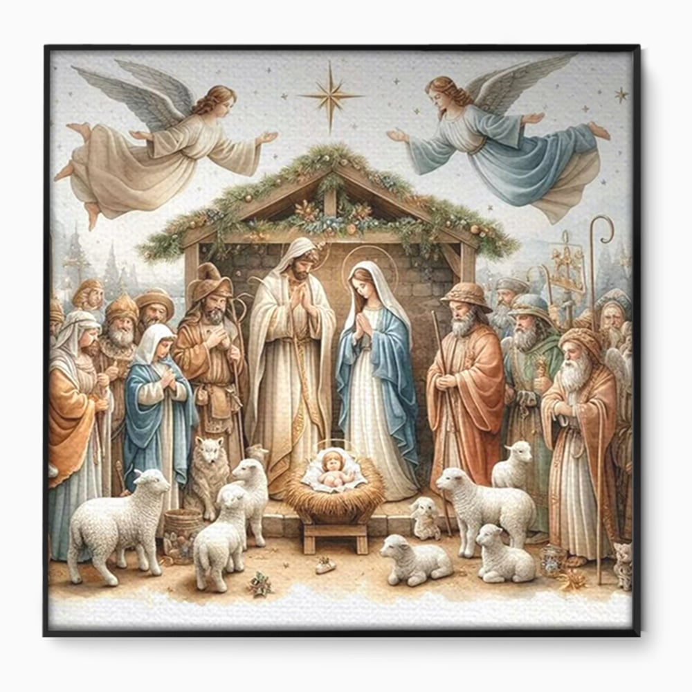 Tablou canvas cu ilustratie religioasa cu scena nasterii domnului, in rama de aluminiu negru