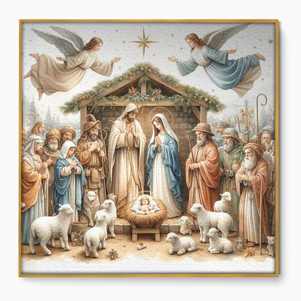 Tablou canvas cu ilustratie religioasa cu scena nasterii domnului, in rama de aluminiu auriu