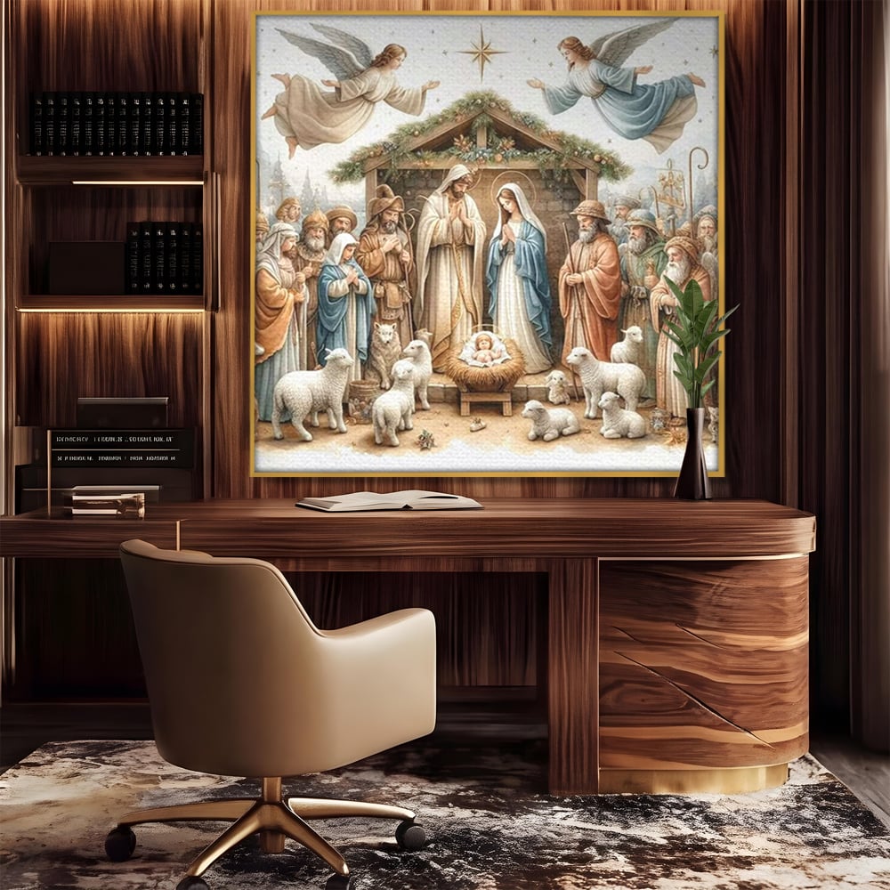 Tablou canvas cu ilustratie religioasa cu scena nasterii domnului, in rama de aluminiu auriu, pe perete intr-un birou
