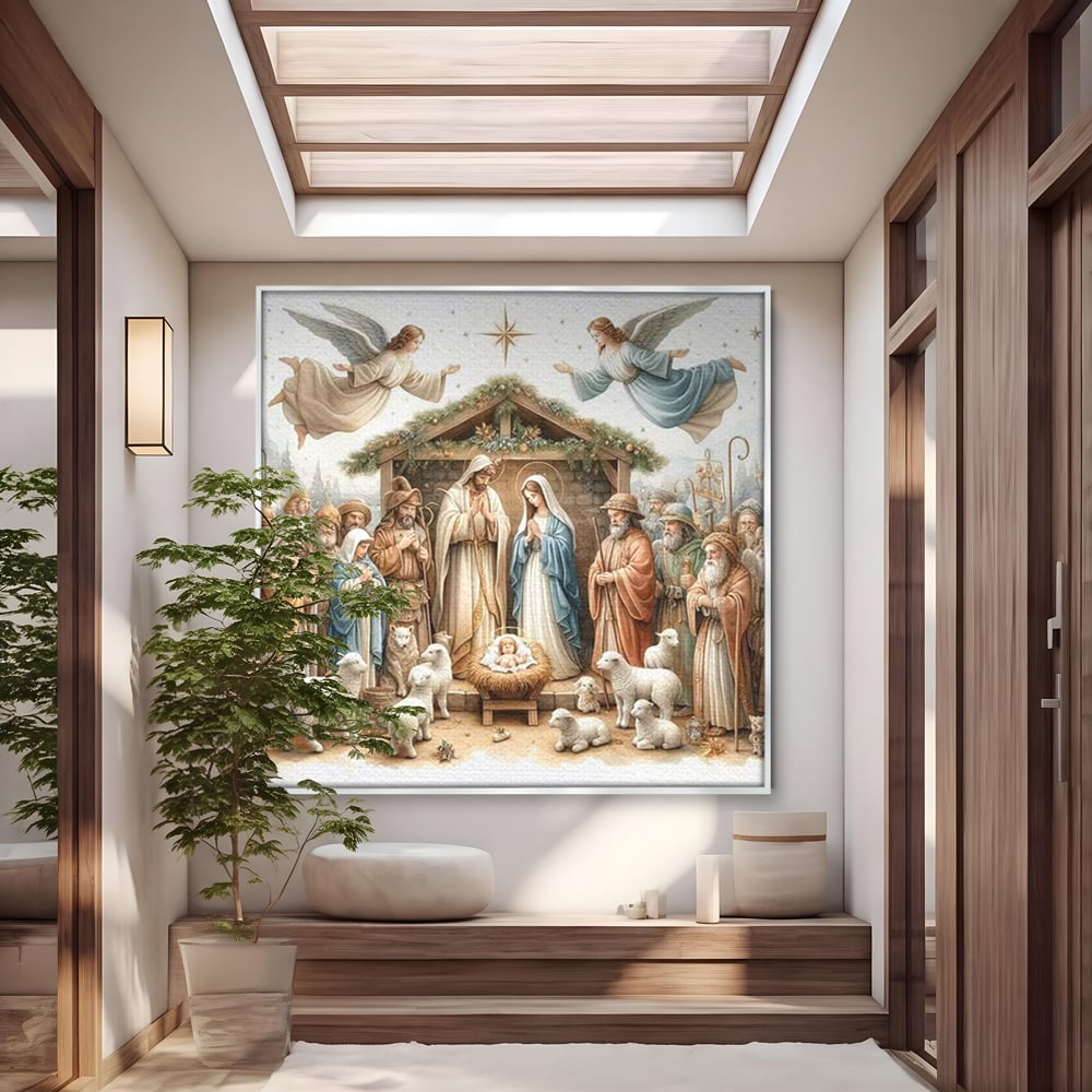 Tablou canvas cu ilustratie religioasa cu scena nasterii domnului, in rama de aluminiu argintiu