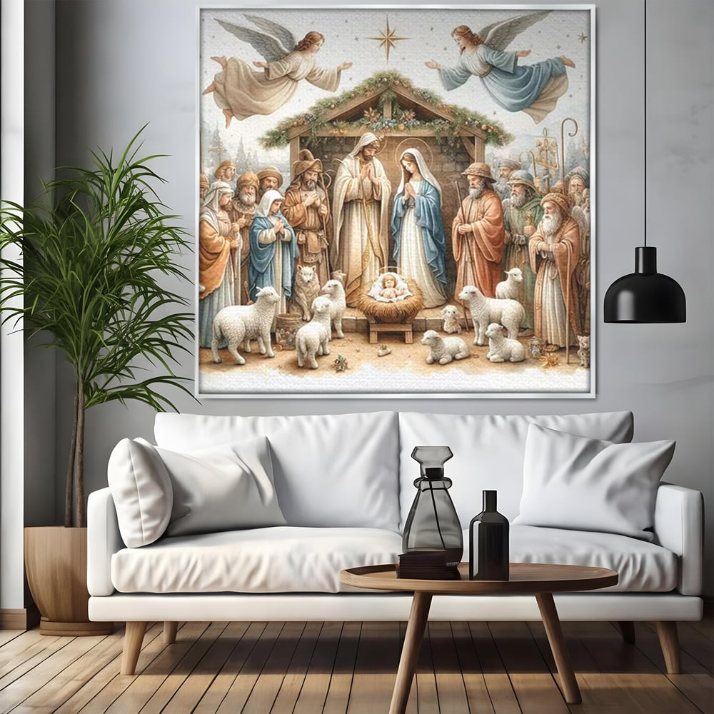 Tablou canvas cu ilustratie religioasa cu scena nasterii domnului, in rama de aluminiu argintiu, pe perete intr-un living