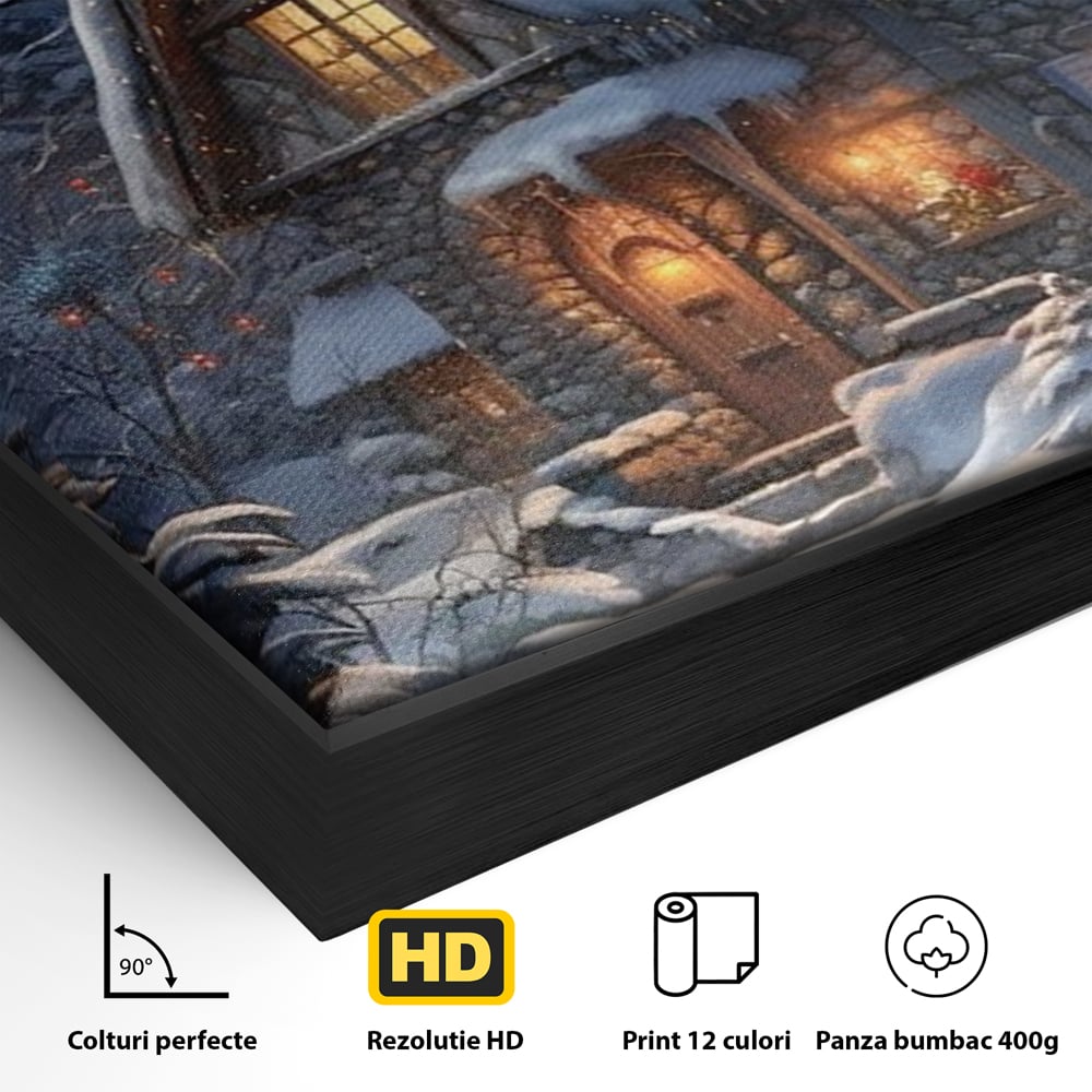 Detaliu al suprafetei: tablou canvas cu cabana pe timp de iarna, in rama de aluminiu negru