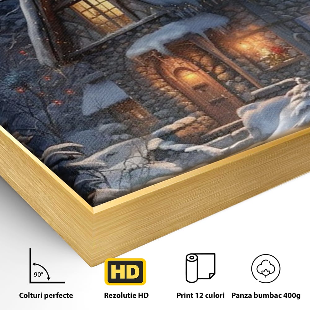 Detaliu al suprafetei: tablou canvas cu cabana pe timp de iarna, in rama de aluminiu auriu