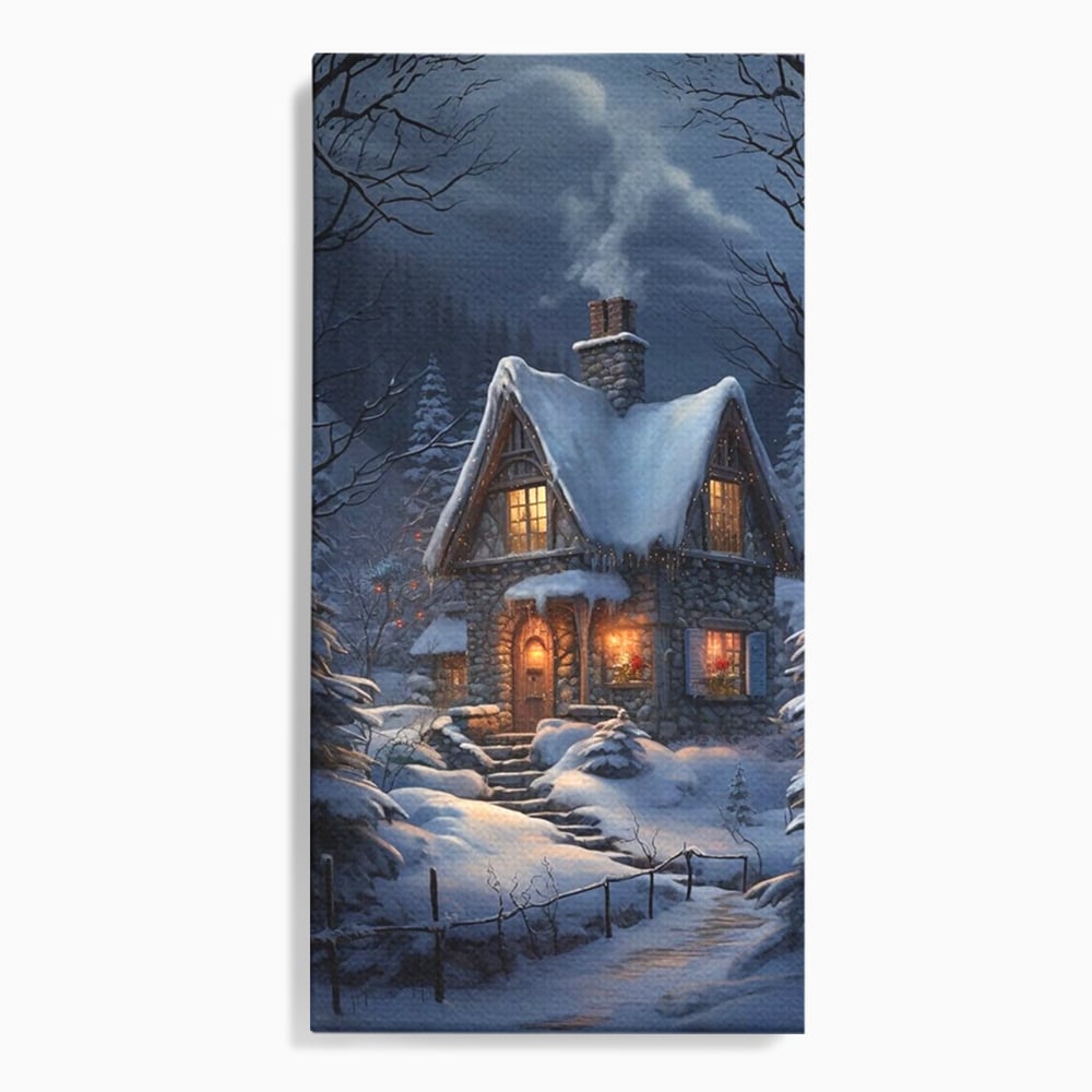 Tablou canvas cu tablou canvas cu cabana pe timp de iarna, fara rama, pe sasiu de lemn