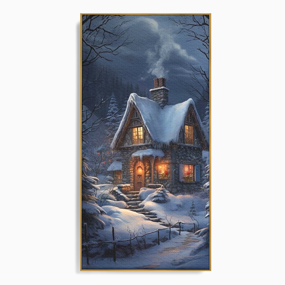Tablou canvas cu tablou canvas cu cabana pe timp de iarna, in rama de aluminiu auriu