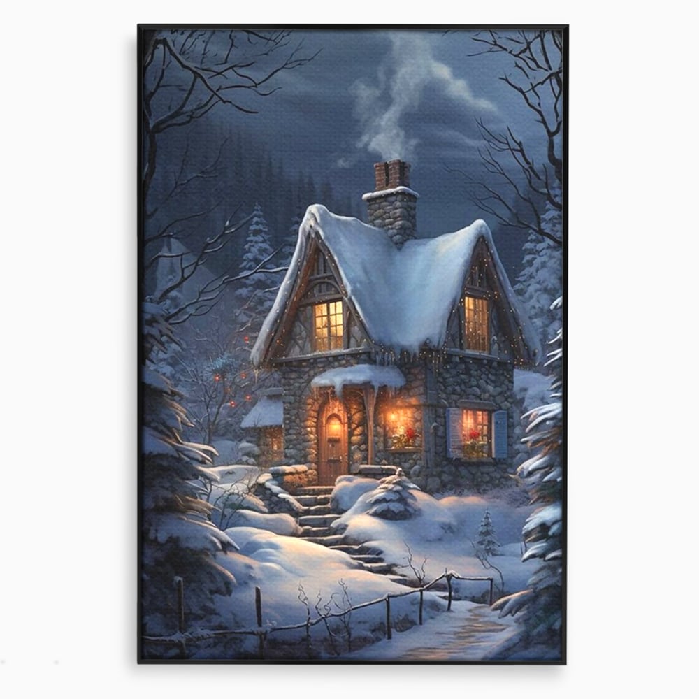Tablou canvas cu tablou canvas cu cabana pe timp de iarna, in rama de aluminiu negru