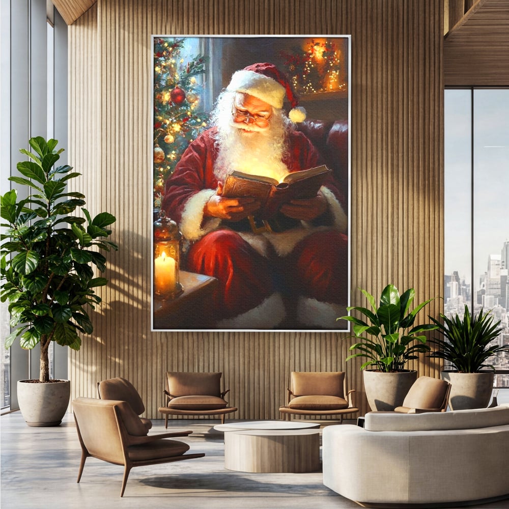 Tablou canvas cu tablou canvas cu mos craciun citind, in rama de aluminiu argintiu, pe perete intr-un birou