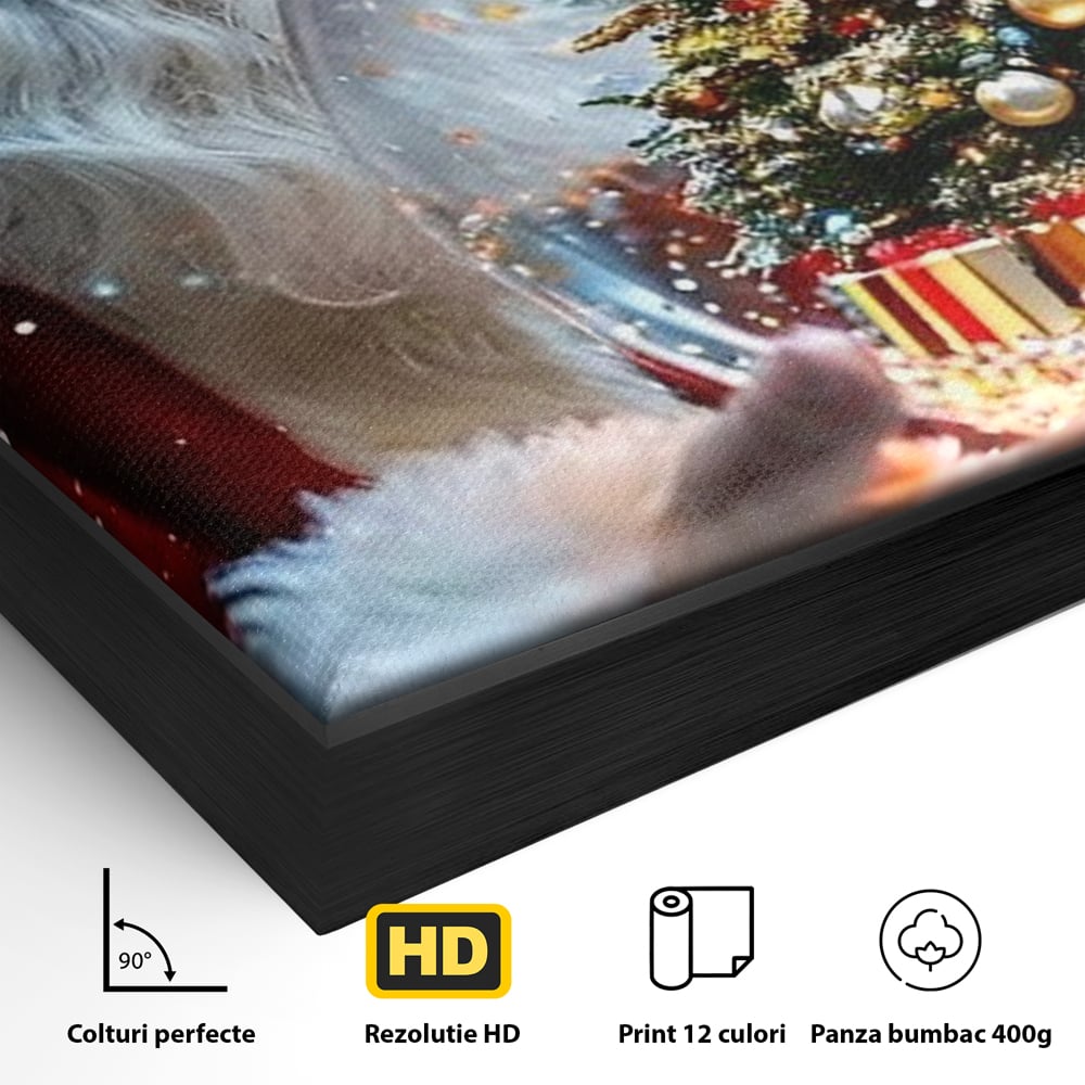 Detaliu al suprafetei: tablou canvas cu mos craciun, in rama de aluminiu negru