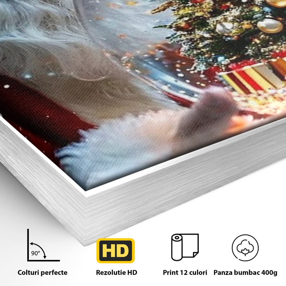 Detaliu al suprafetei: tablou canvas cu mos craciun, in rama de aluminiu argintiu