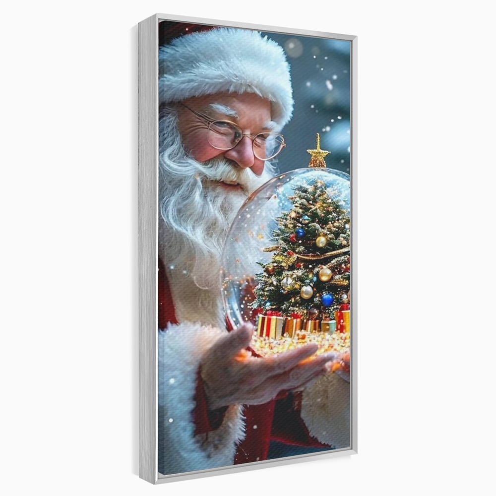 Tablou canvas cu tablou canvas cu mos craciun, in rama de aluminiu argintiu
