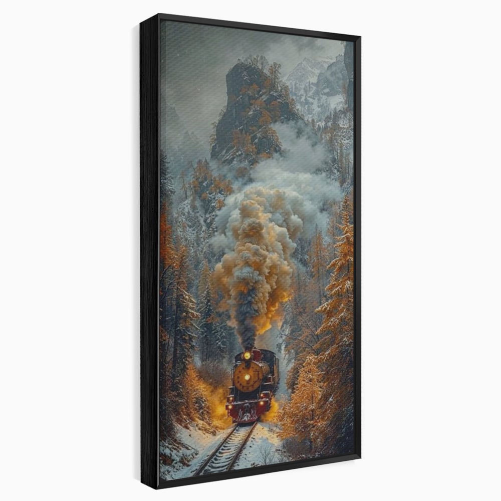Tablou canvas cu ilustratie cu tren cu aburi pe sina acoperita de zapada, in rama de aluminiu negru