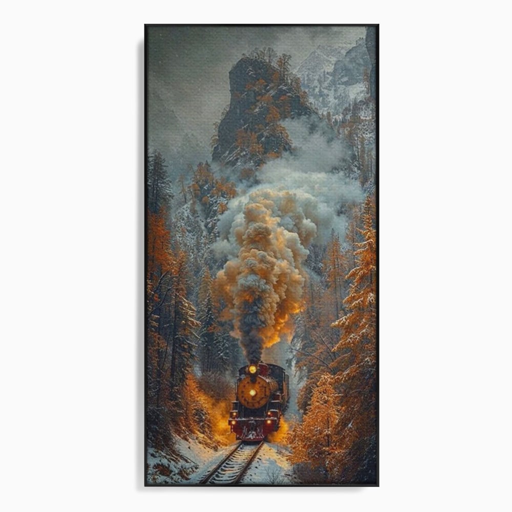 Tablou canvas cu ilustratie cu tren cu aburi pe sina acoperita de zapada, in rama de aluminiu negru