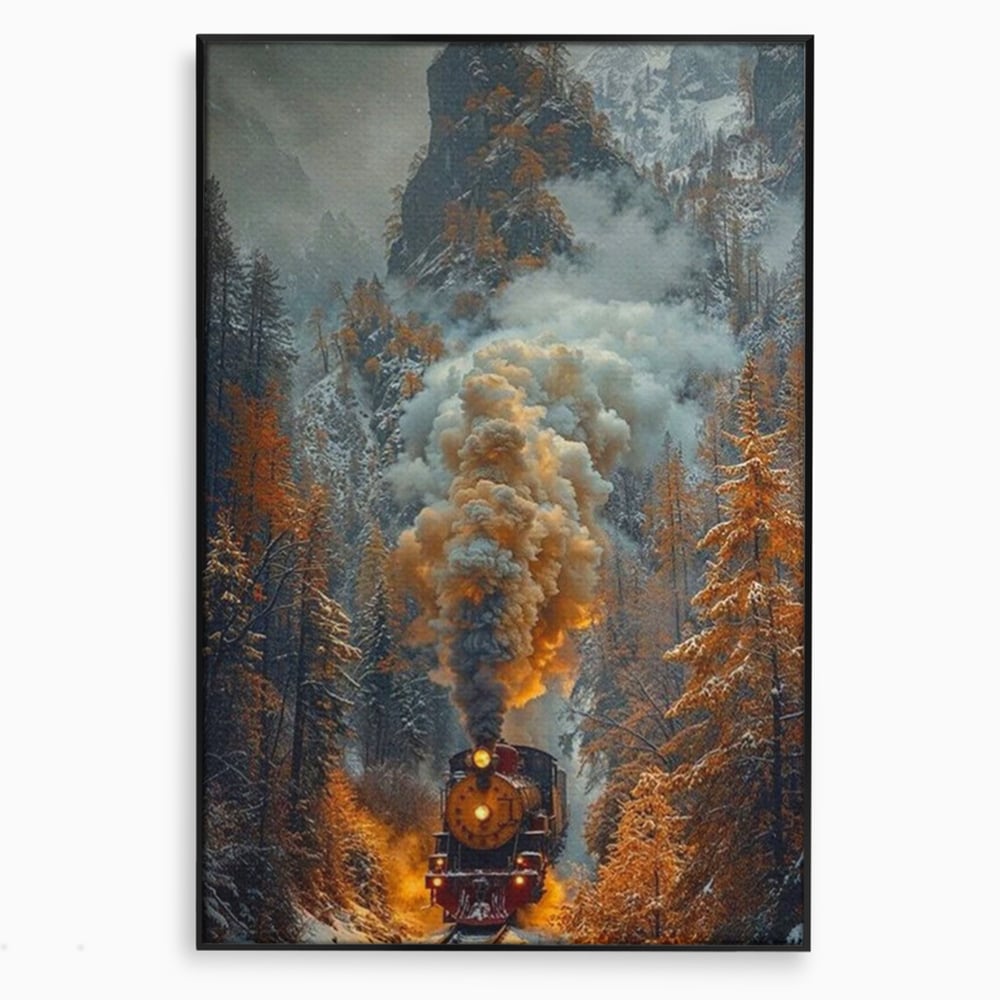 Tablou canvas cu ilustratie cu tren cu aburi pe sina acoperita de zapada, in rama de aluminiu negru