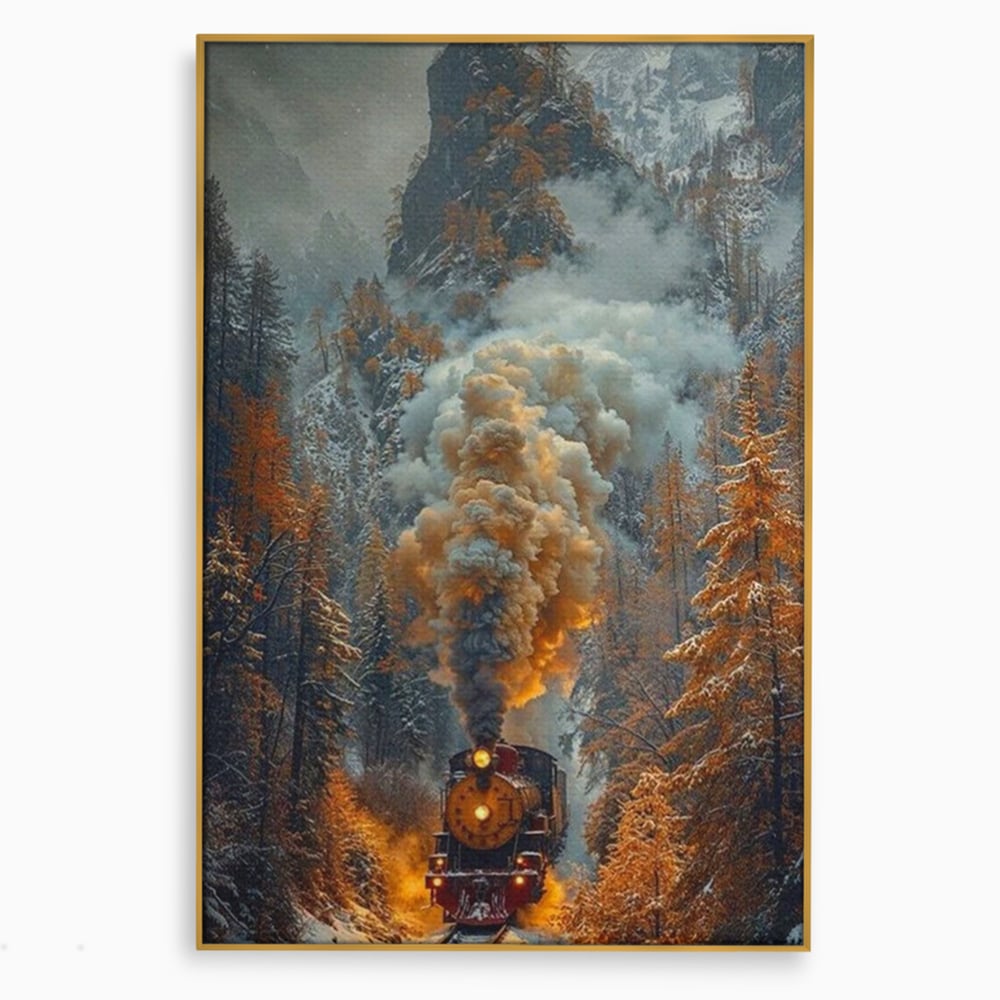 Tablou canvas cu ilustratie cu tren cu aburi pe sina acoperita de zapada, in rama de aluminiu auriu
