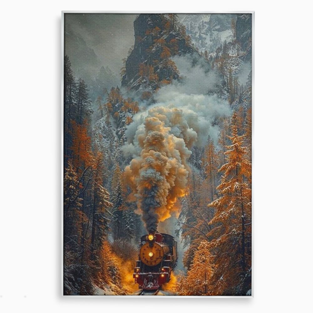 Tablou canvas cu ilustratie cu tren cu aburi pe sina acoperita de zapada, in rama de aluminiu argintiu