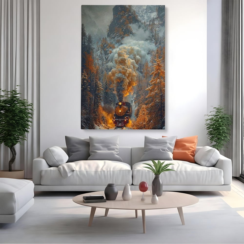 Tablou canvas cu ilustratie cu tren cu aburi pe sina acoperita de zapada, fara rama, pe sasiu de lemn, pe perete intr-un living