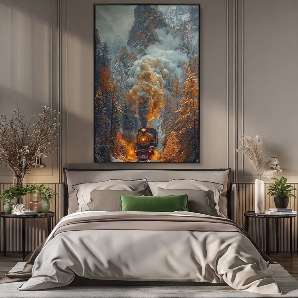 Tablou canvas cu ilustratie cu tren cu aburi pe sina acoperita de zapada, in rama de aluminiu negru, pe perete intr-un dormitor