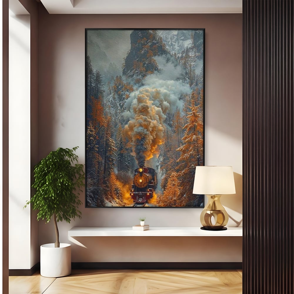 Tablou canvas cu ilustratie cu tren cu aburi pe sina acoperita de zapada, in rama de aluminiu negru