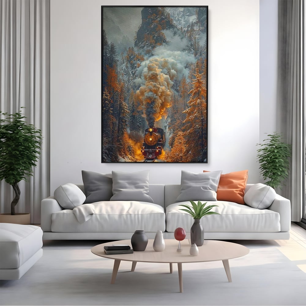 Tablou canvas cu ilustratie cu tren cu aburi pe sina acoperita de zapada, in rama de aluminiu negru, pe perete intr-un living