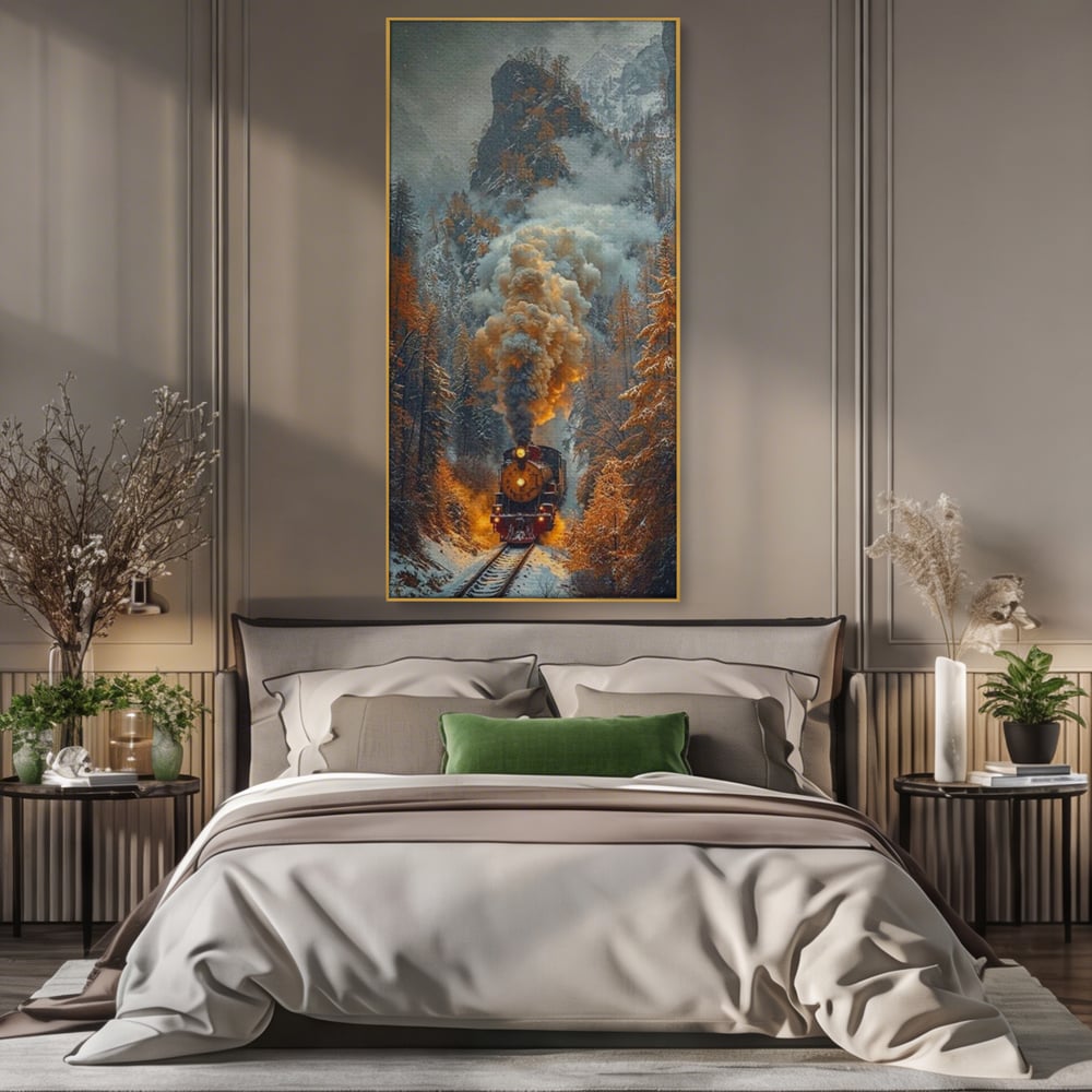 Tablou canvas cu ilustratie cu tren cu aburi pe sina acoperita de zapada, in rama de aluminiu auriu, pe perete intr-un dormitor