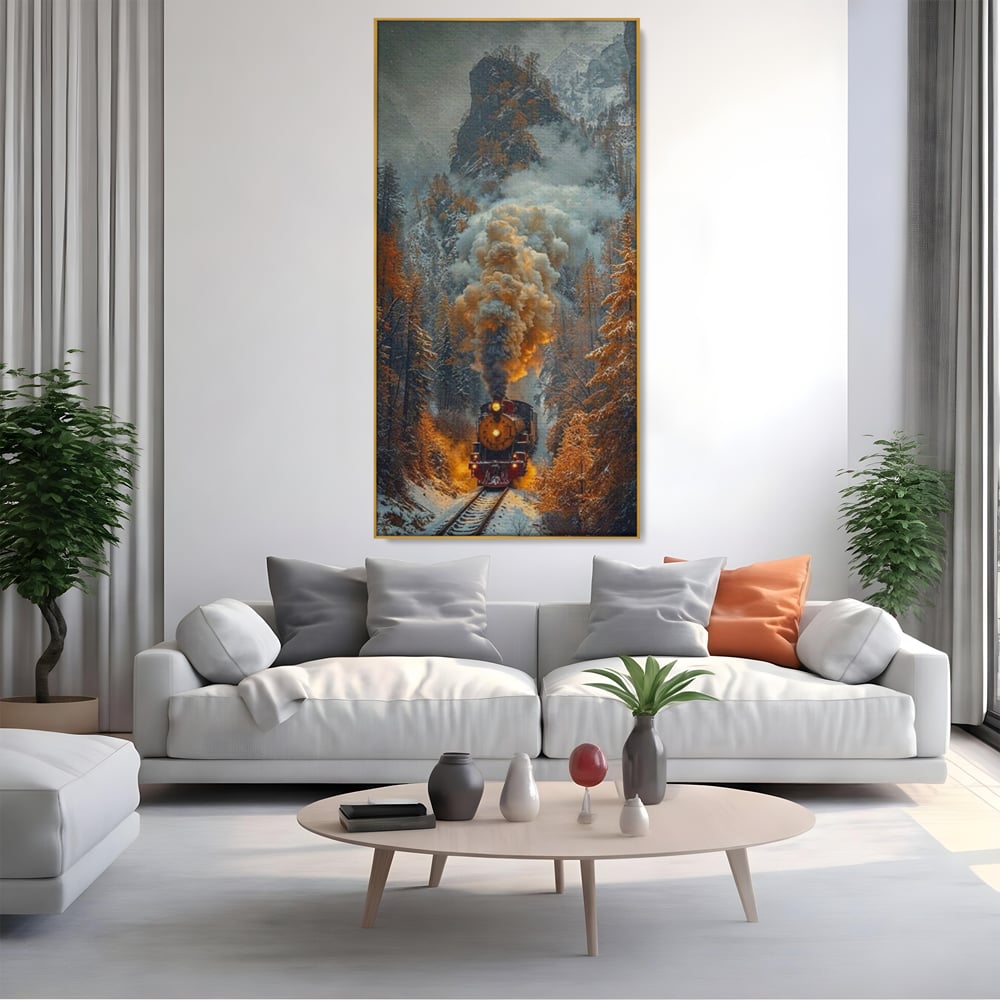 Tablou canvas cu ilustratie cu tren cu aburi pe sina acoperita de zapada, in rama de aluminiu auriu, pe perete intr-un living