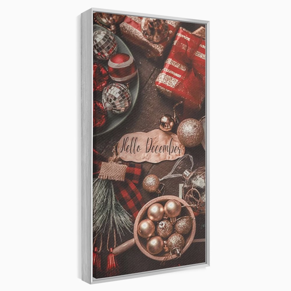 Tablou canvas cu tablou canvas cu globuri si cadouri, in rama de aluminiu argintiu