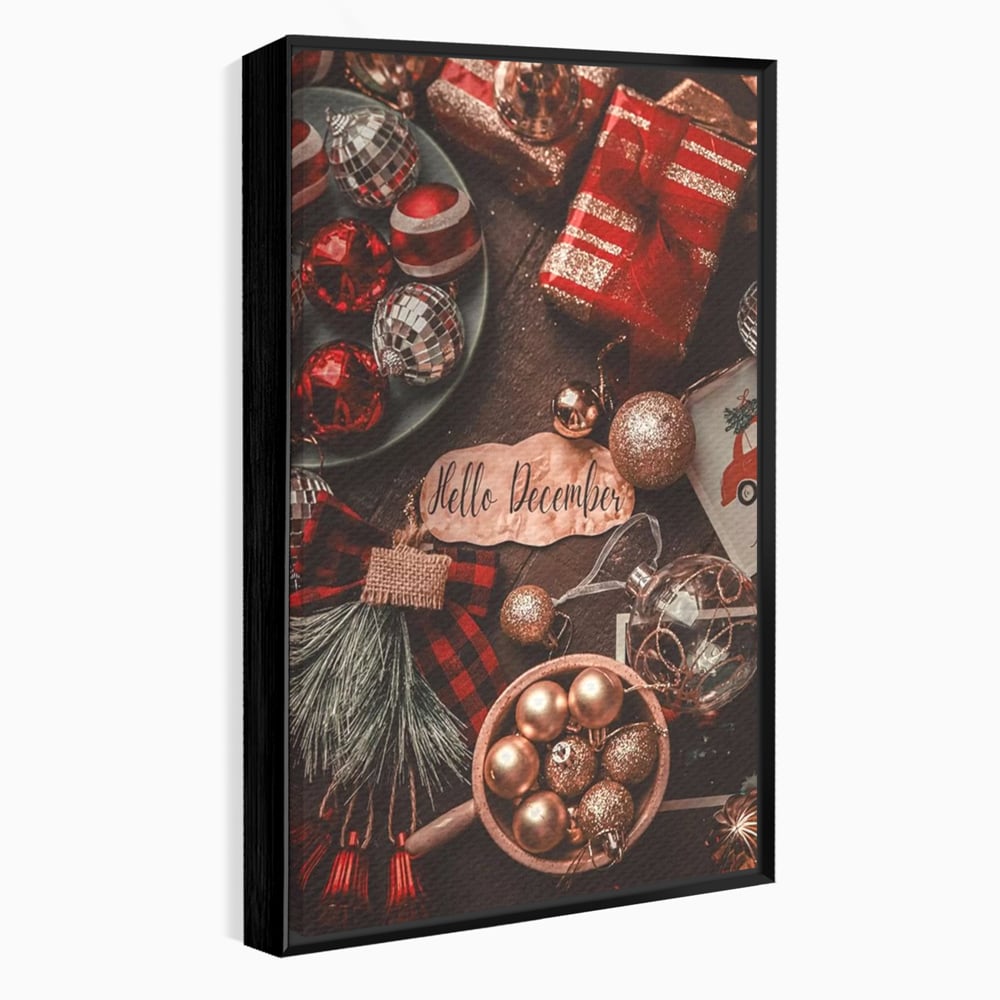 Tablou canvas cu tablou canvas cu globuri si cadouri, in rama de aluminiu negru