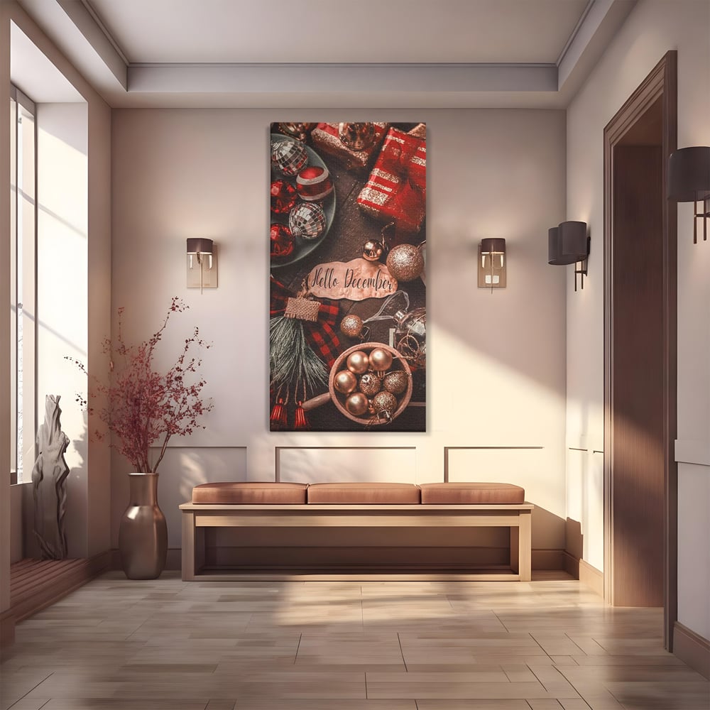 Tablou canvas cu tablou canvas cu globuri si cadouri, fara rama, pe sasiu de lemn